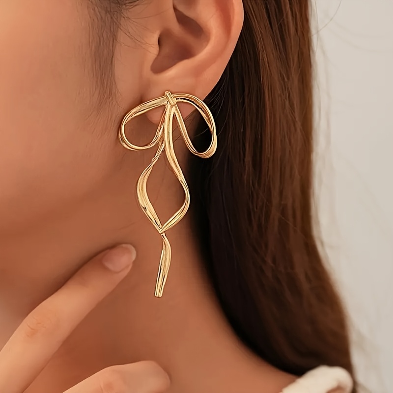 Golden Tone Bow Earrings for Women Long Irregular